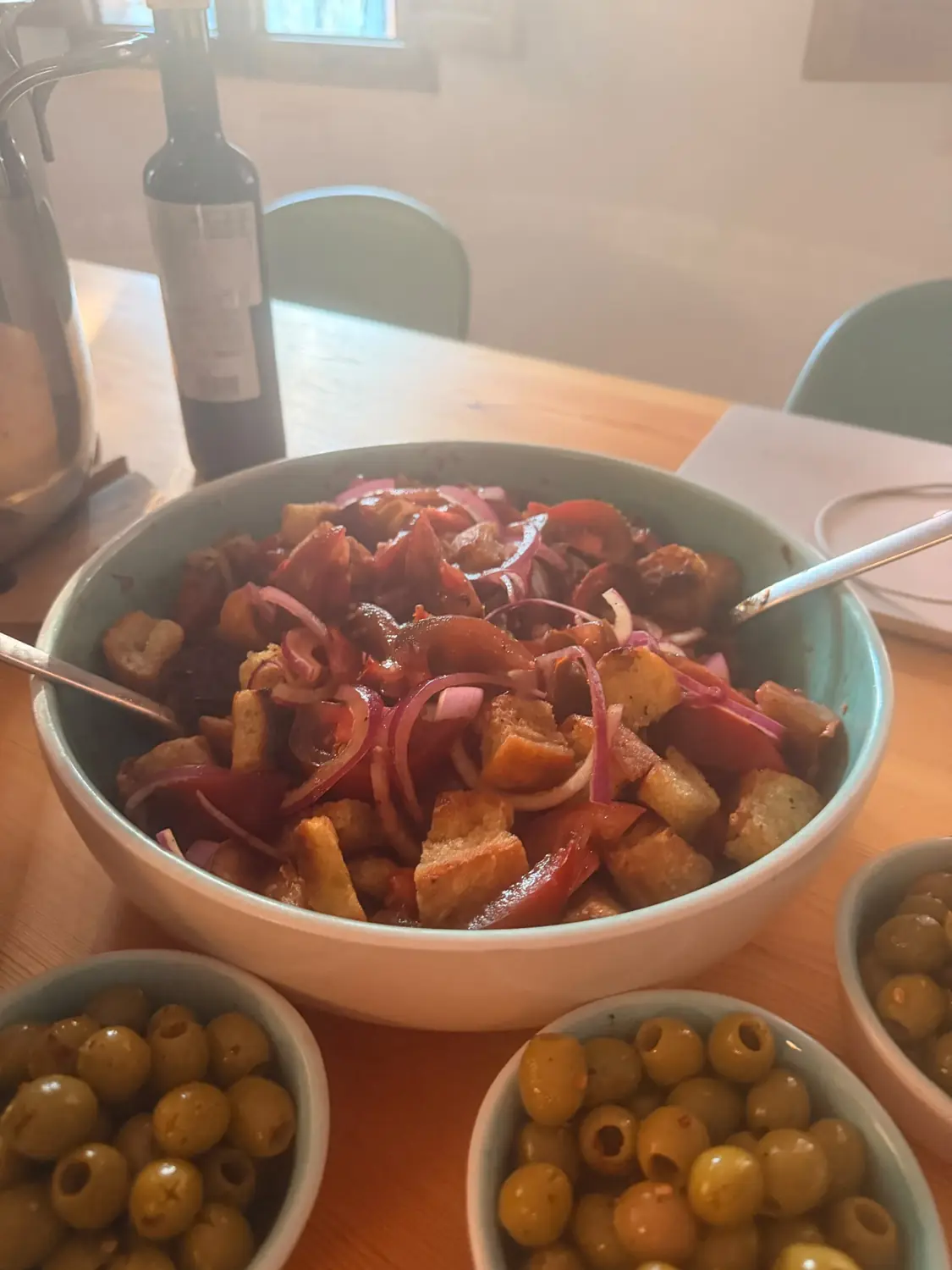 Shared table with tapas and olives